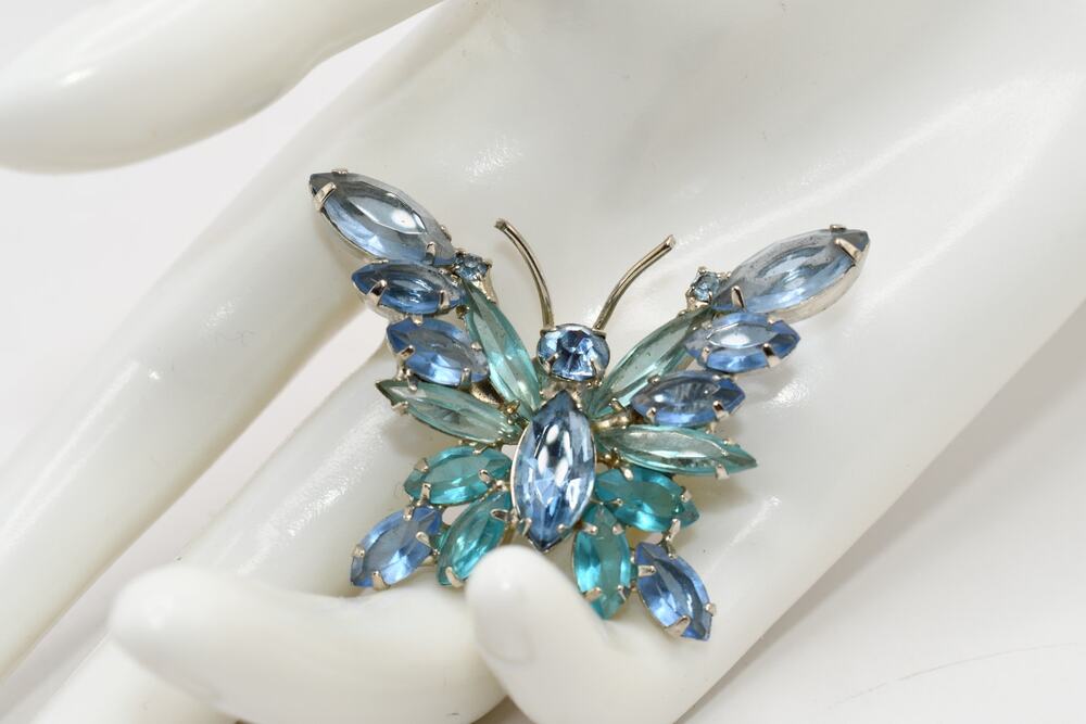 Vintage Blue Turquoise Rhinestone Butterfly Brooch Open Back Silver